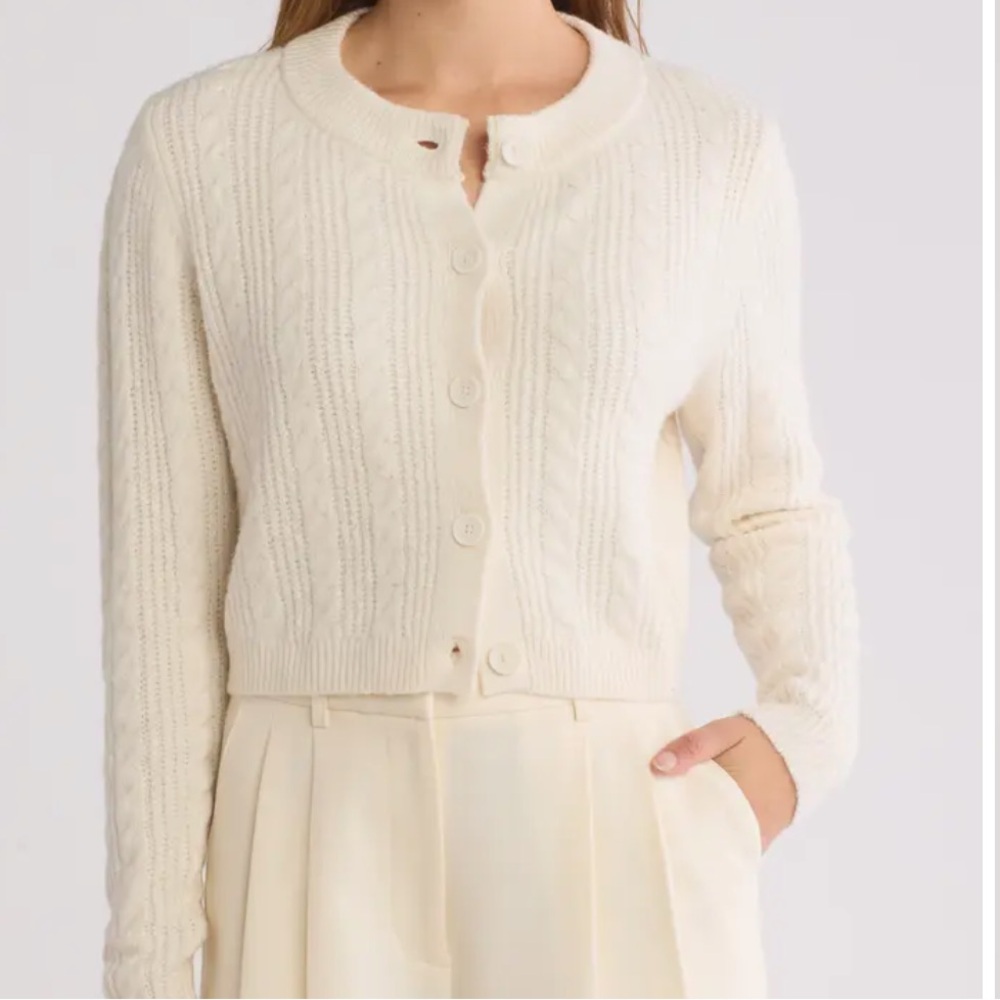 Open Edit Button Up Cable Knit Crop Cardigan - TAN